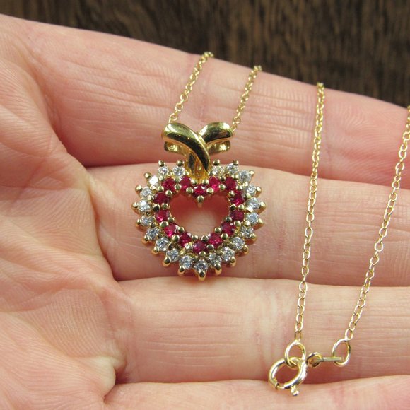 18" Sterling Silver Ruby & Cubic Zirconia Gold Plated Heart Necklace Vintage - Picture 3 of 8